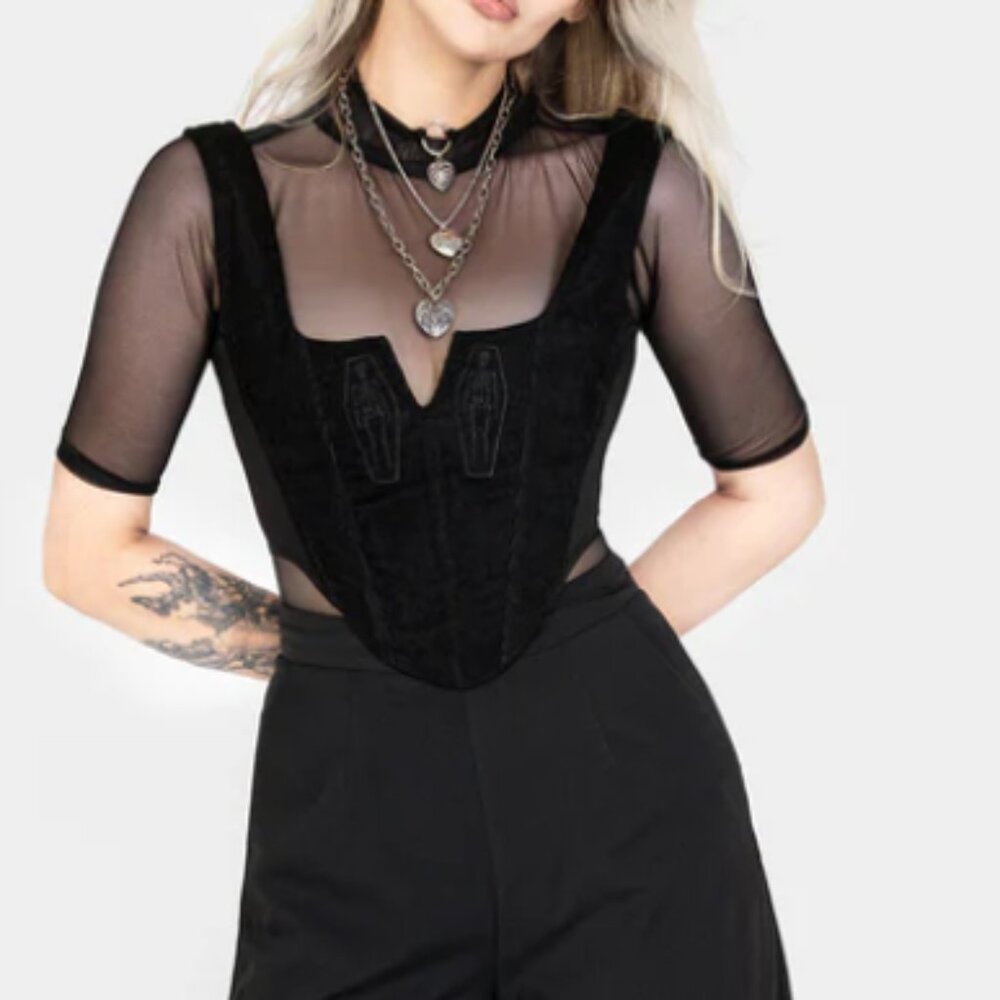 Disturbia Immortal Split Black Corset Skeleton Embroidered Crop Tank - Picture 4 of 5